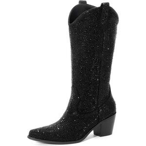 ⚡Women’s Black Rhinestone Cowboy Boots Mid Calf Pointed Toe Block Heel